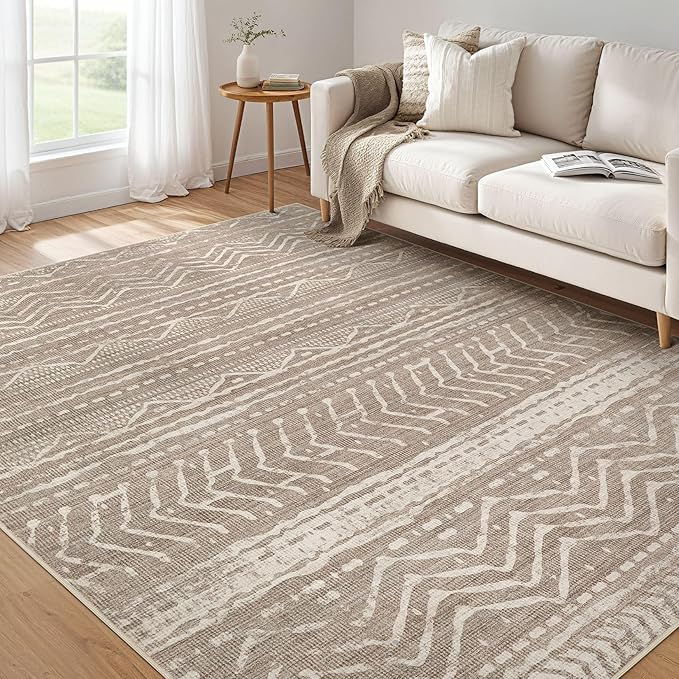 Washable Moroccan Rug – Large Low Profile Boho Rug, Non-Slip and Stain Resistant for Living Room and Bedroom