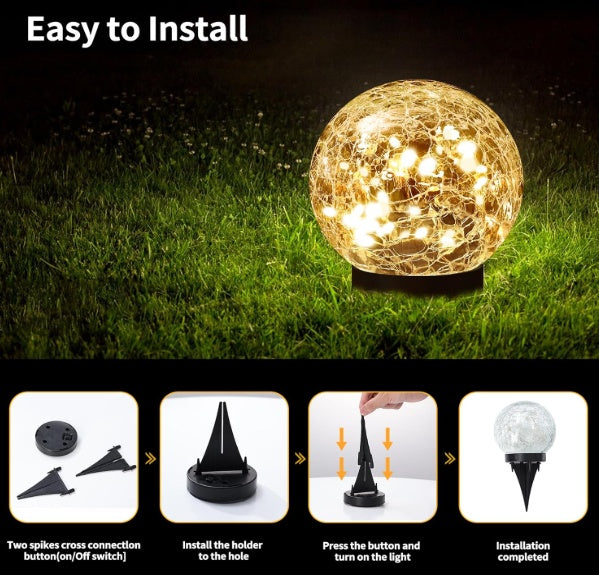 Solar Garden Lights - Waterproof Cracked Glass Globe Lamps, Automatic Decorative Lighting