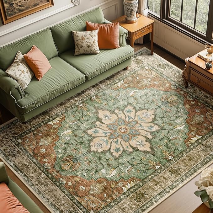 Washable Vintage Floral Rug - Boho Style Medallion Design, Non-Slip Backing and Low Profile for Living Room, Dining Room and Bedroom
