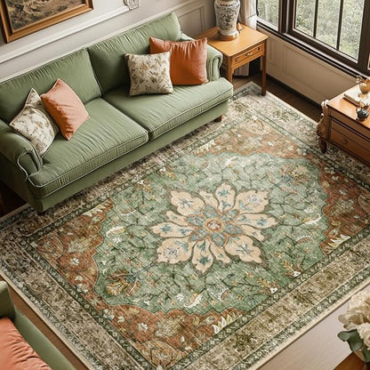 Washable Vintage Floral Rug - Boho Style Medallion Design, Non-Slip Backing and Low Profile for Living Room, Dining Room and Bedroom