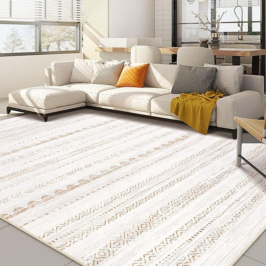 Washable Moroccan Rug – Large Low Profile Boho Rug, Non-Slip and Stain Resistant for Living Room and Bedroom