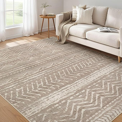 Washable Moroccan Rug – Large Low Profile Boho Rug, Non-Slip and Stain Resistant for Living Room and Bedroom