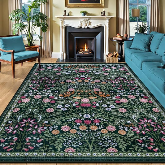 Floral Rug - Vintage Washable Boho Style Rug, Non-Slip and Soft for Living Room and Bedroom