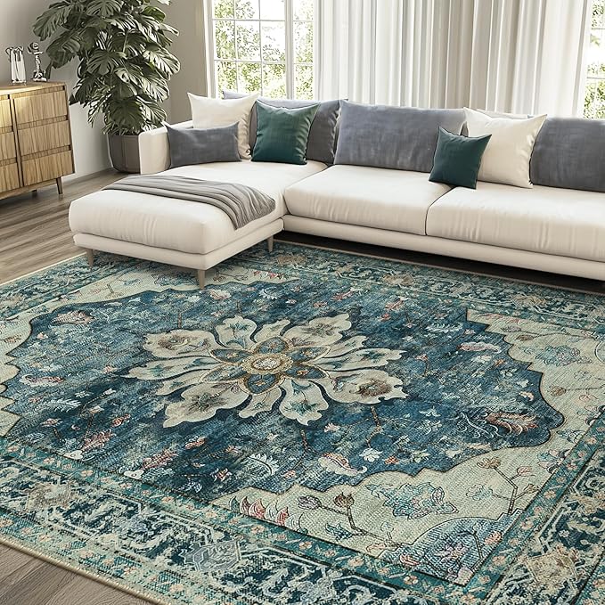 Washable Vintage Floral Rug - Boho Style Medallion Design, Non-Slip Backing and Low Profile for Living Room, Dining Room and Bedroom