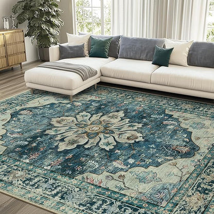 Washable Vintage Floral Rug - Boho Style Medallion Design, Non-Slip Backing and Low Profile for Living Room, Dining Room and Bedroom