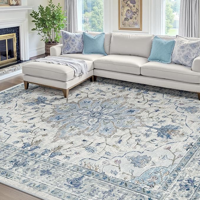 Washable Vintage Floral Rug - Boho Style Medallion Design, Non-Slip Backing and Low Profile for Living Room, Dining Room and Bedroom