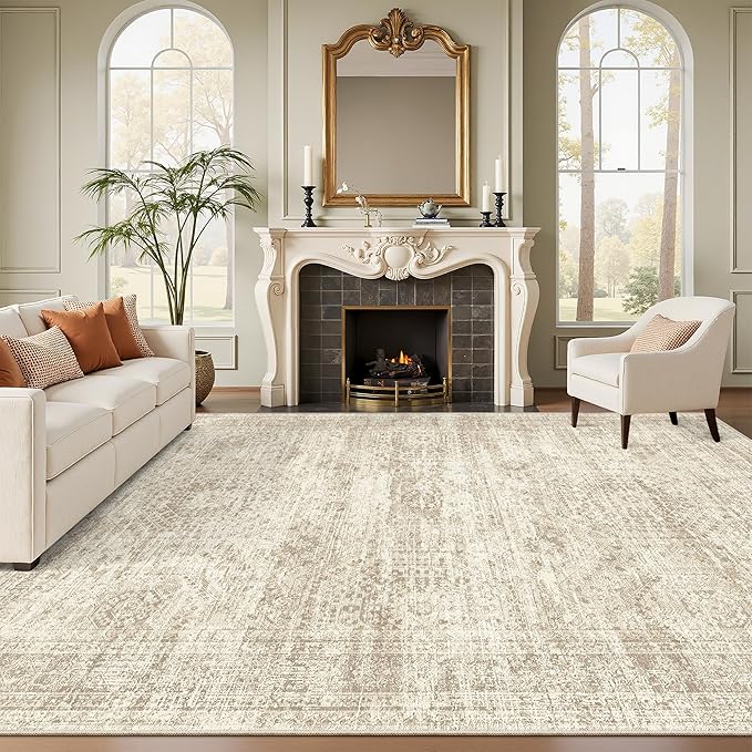 Washable Beige Abstract Rug – Low Profile, Non-Slip and Soft Rug for Living Room, Bedroom and Office