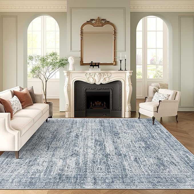 Washable Beige Abstract Rug – Low Profile, Non-Slip and Soft Rug for Living Room, Bedroom and Office