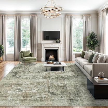 Washable Beige Abstract Rug – Low Profile, Non-Slip and Soft Rug for Living Room, Bedroom and Office