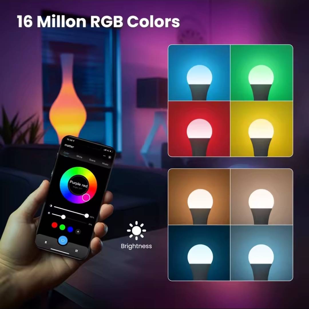 Smart WiFi LED Bulb - Compatible with Matter, Alexa, Google Home and Siri - 16 Million RGB Colors