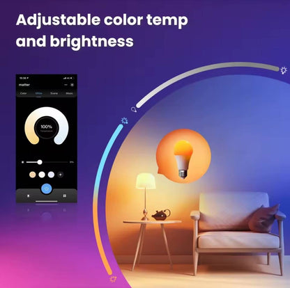 Smart WiFi LED Bulb - Compatible with Matter, Alexa, Google Home and Siri - 16 Million RGB Colors