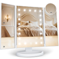 Makeup Mirror with LED Lighting and 1x/2x/3x Magnification – Triple Folding Mirror with Touch Control and Dual Power Supply