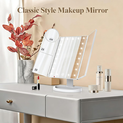 Makeup Mirror with LED Lighting and 1x/2x/3x Magnification – Triple Folding Mirror with Touch Control and Dual Power Supply