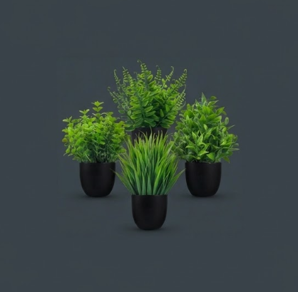 Set of 4 Small Artificial Plants – Decorative Fake Foliage for Bathroom, Kitchen, Office and Halloween Decoration